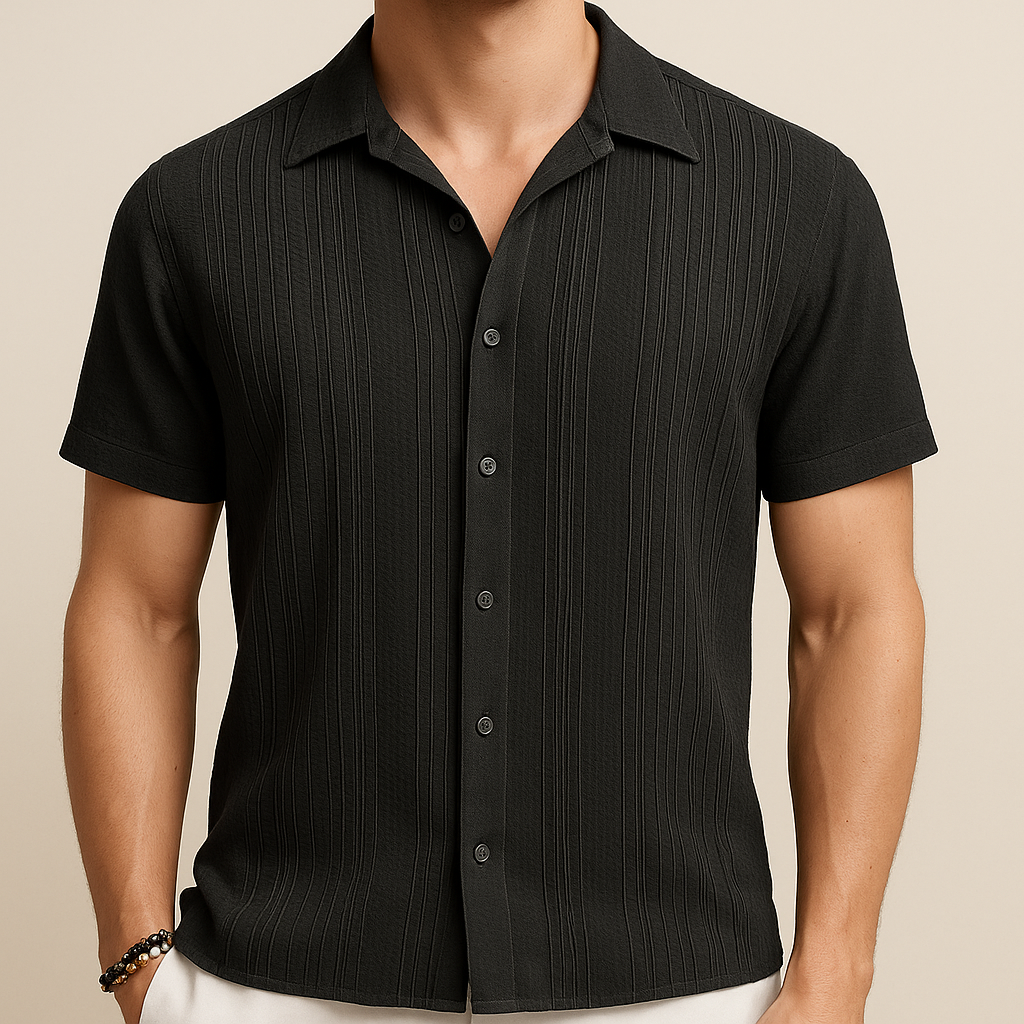 Black Cotton Pleated Beach Shirt