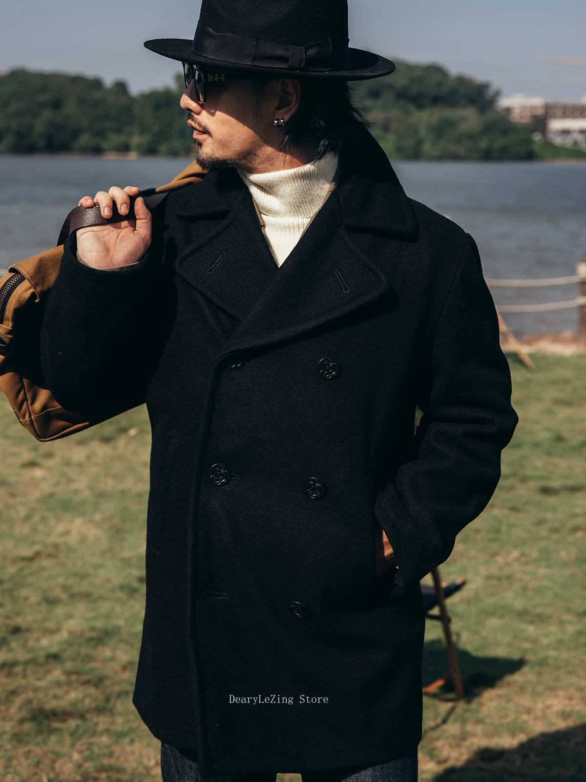 Casaco de ervilha duplo breasted masculino Red Tornado Trench Coat curto com gola entalhada 740 sobretudo de mistura de lã