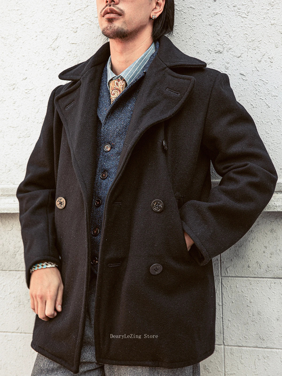 Casaco de ervilha duplo breasted masculino Red Tornado Trench Coat curto com gola entalhada 740 sobretudo de mistura de lã