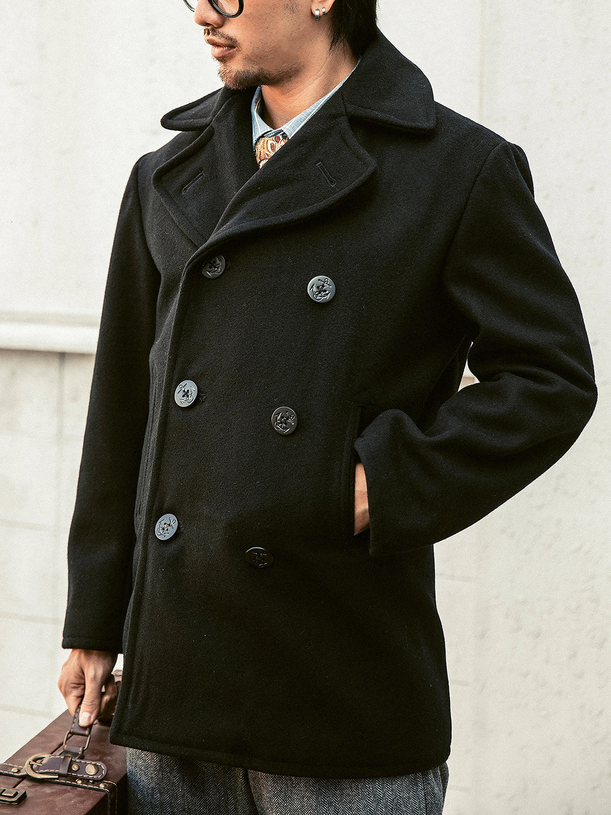 Casaco de ervilha duplo breasted masculino Red Tornado Trench Coat curto com gola entalhada 740 sobretudo de mistura de lã