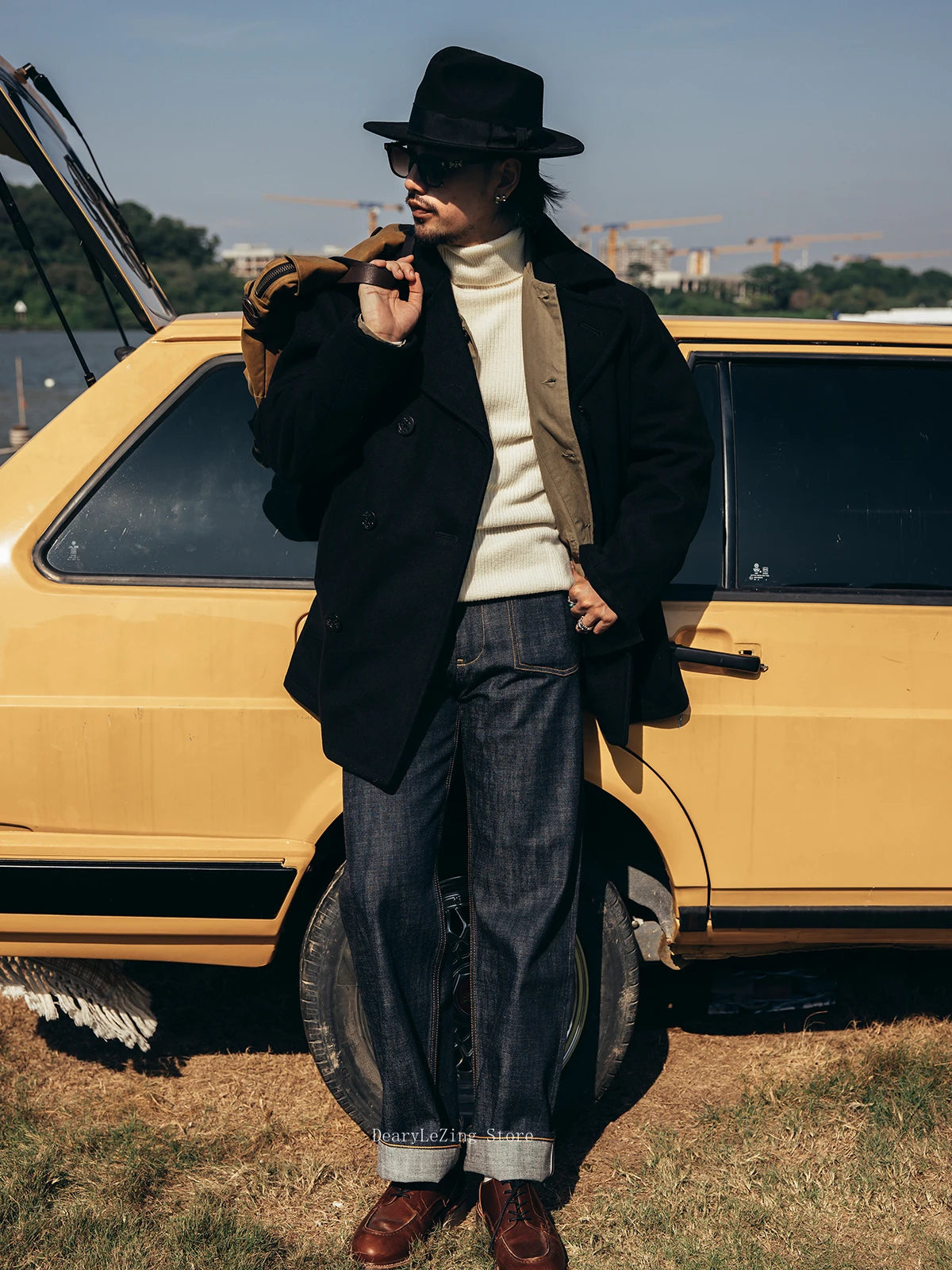 Casaco de ervilha duplo breasted masculino Red Tornado Trench Coat curto com gola entalhada 740 sobretudo de mistura de lã